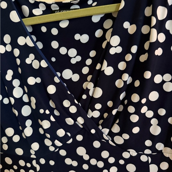 GLAMOUR Navy Polka Dot Midi Dress | Surplice V-Neck | Size Medium - Picture 2 of 9